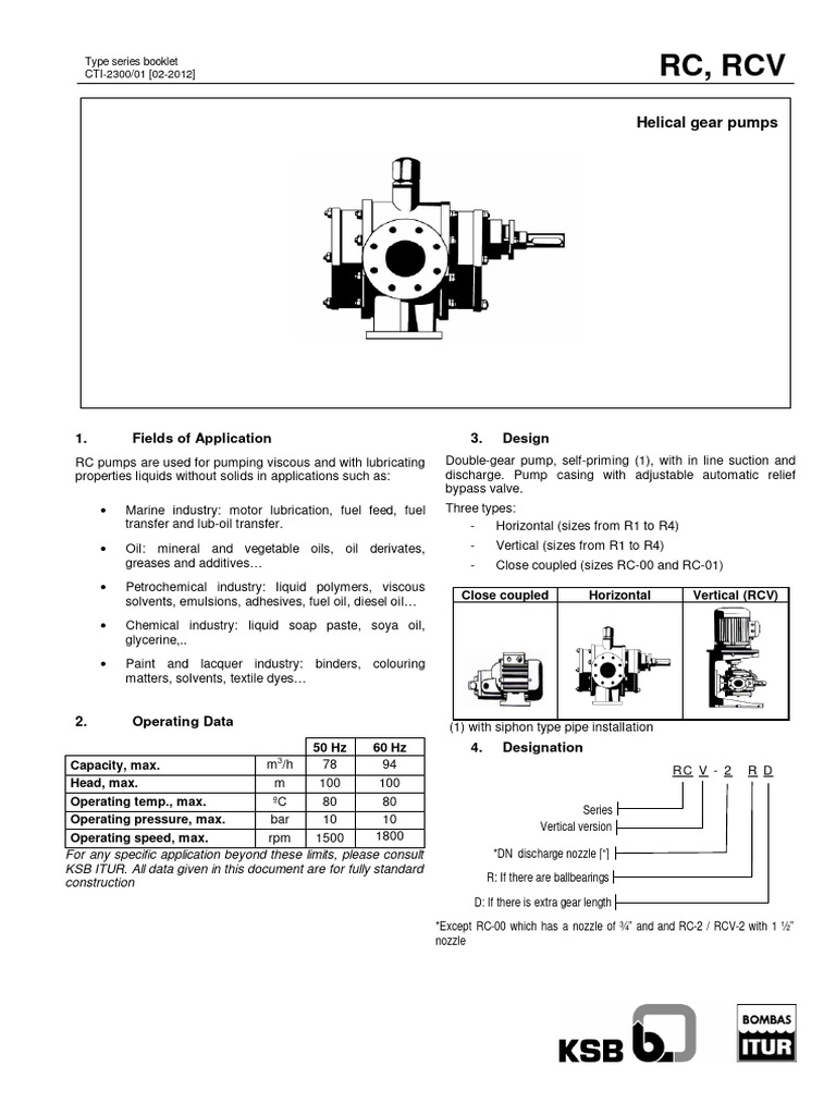 RC and RCV Helical Gear Pumps Guide | PDF | Bearing (Mechanical) | Valve