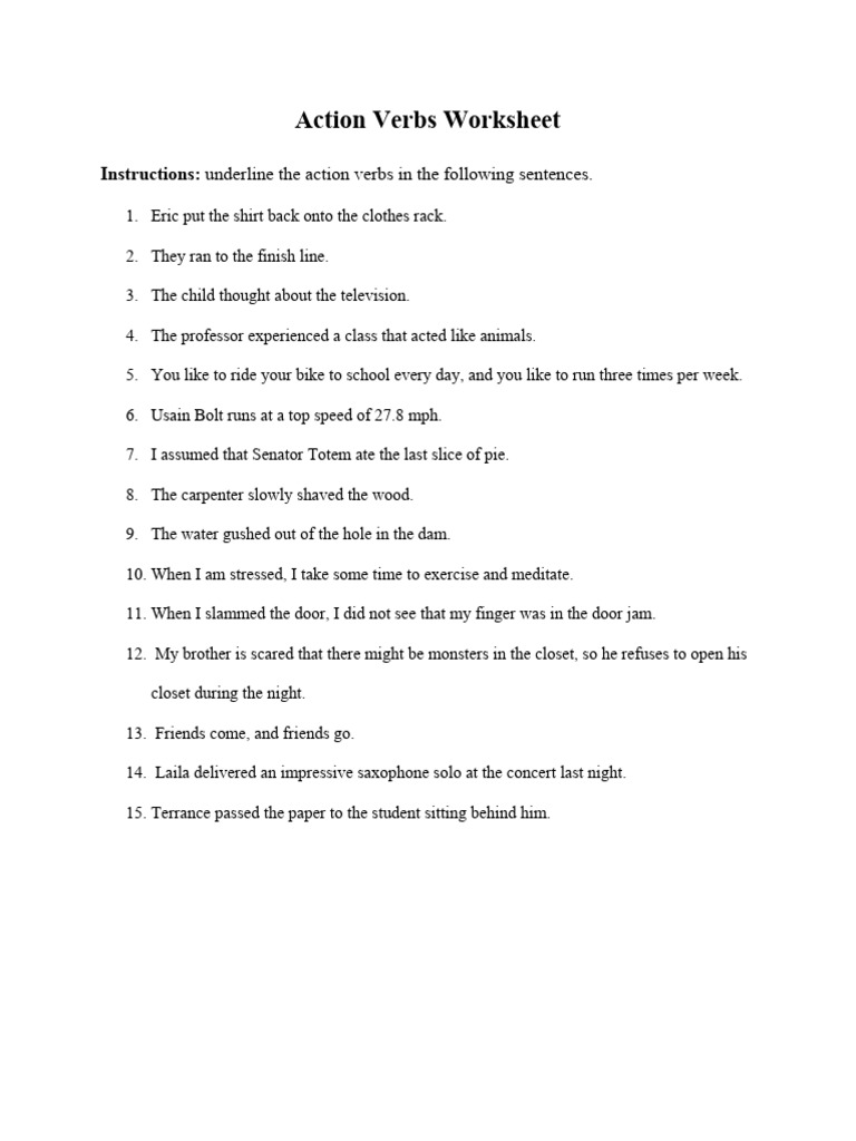 Action Verbs Worksheet and Answers | PDF | Language Arts & Discipline ...