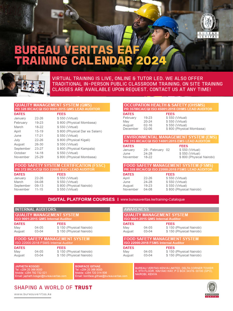 Bureau Veritas Eaf Training Calendar 2024 PDF Nairobi Food Industry