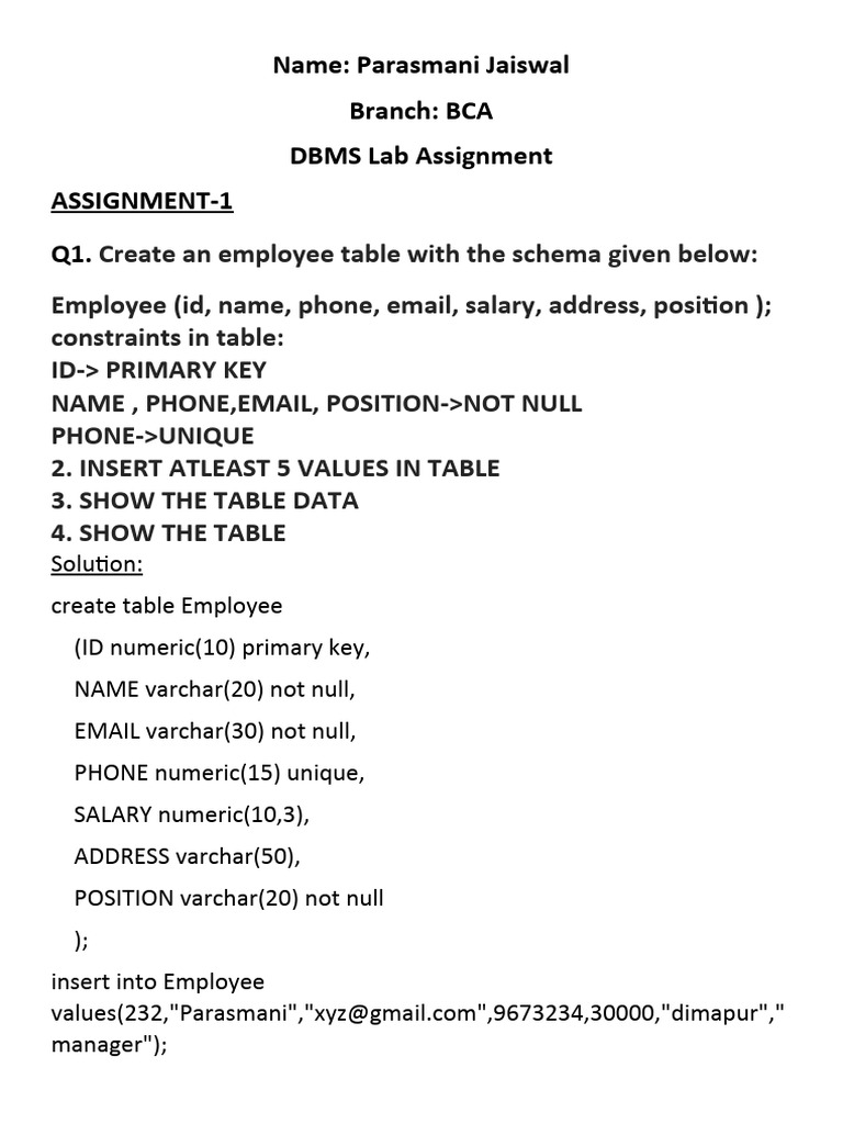 dbms lab assignment 1 PDF
