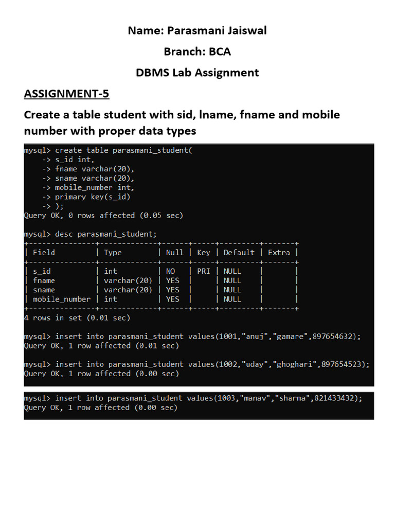 dbms lab assignment 5 PDF