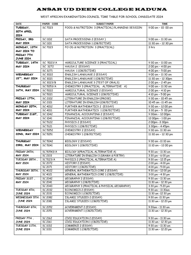 Wassce Time Table 2024 Pdf Download Free Download