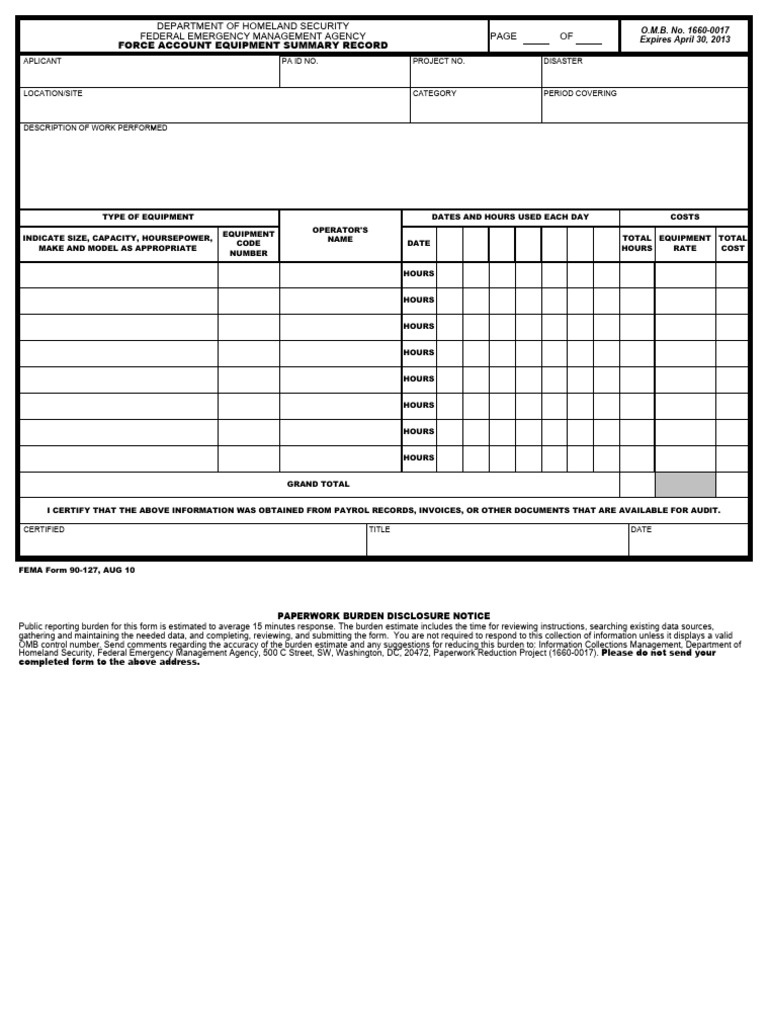 FEMA Force Account Equipment Record | PDF | Federal Emergency ...
