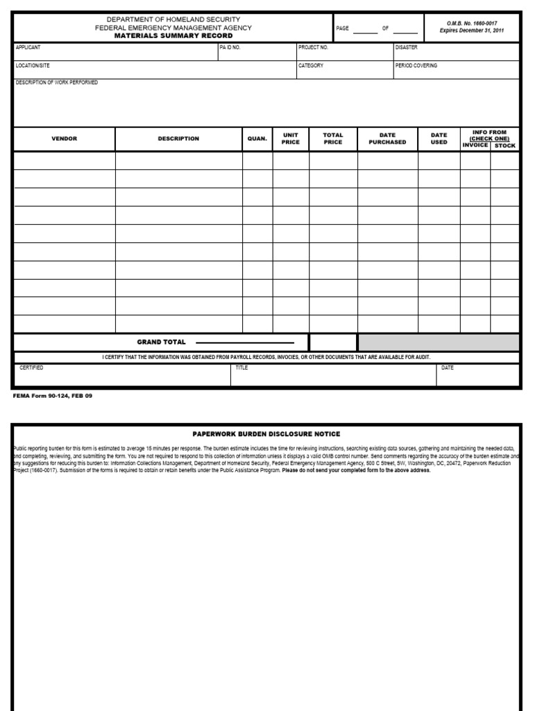 FEMA Materials Summary Record Form | PDF | Federal Emergency Management ...
