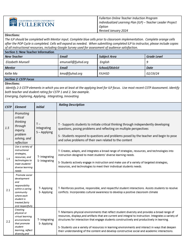 Fullerton Teacher Induction ILP Guide | PDF | Mentorship | Teachers