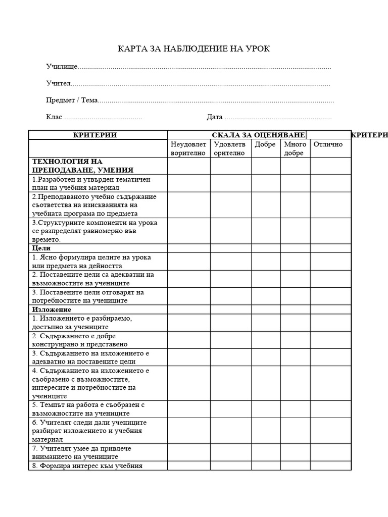 КАРТА ЗА НАБЛЮДЕНИЕ НА УРОК | PDF
