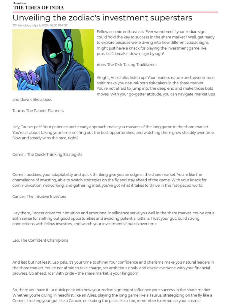 Unveiling The Zodiac's Investment Superstars Times of India PDF