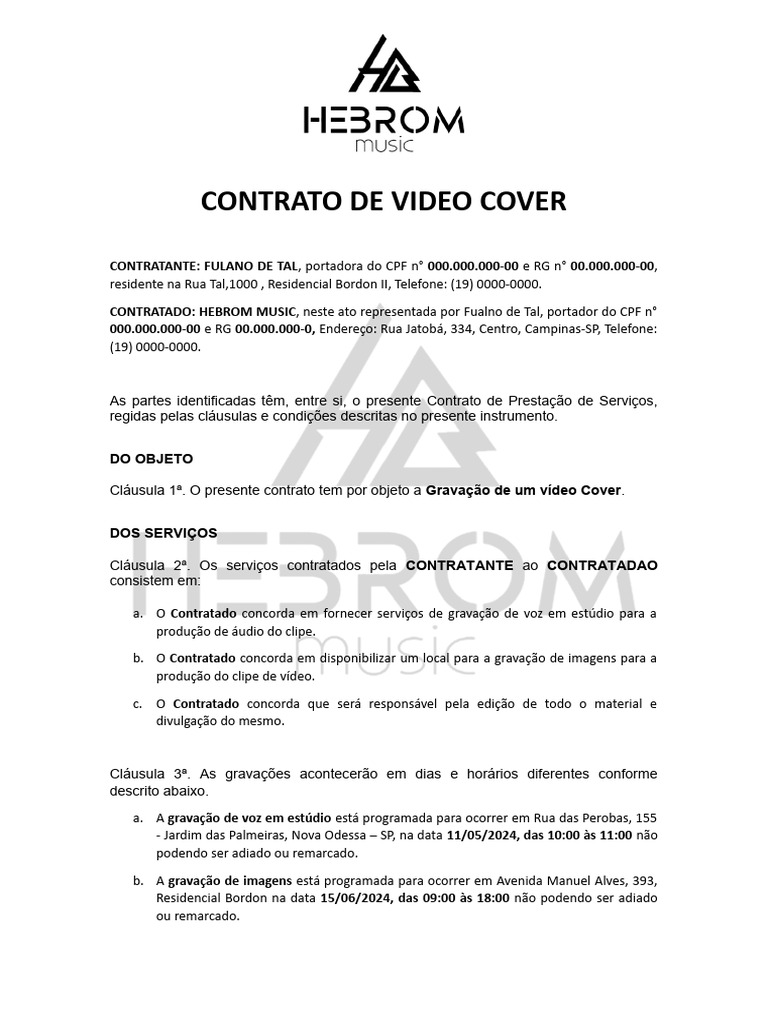 Contrato de Prestação de Vídeo Cover | PDF | Vídeo