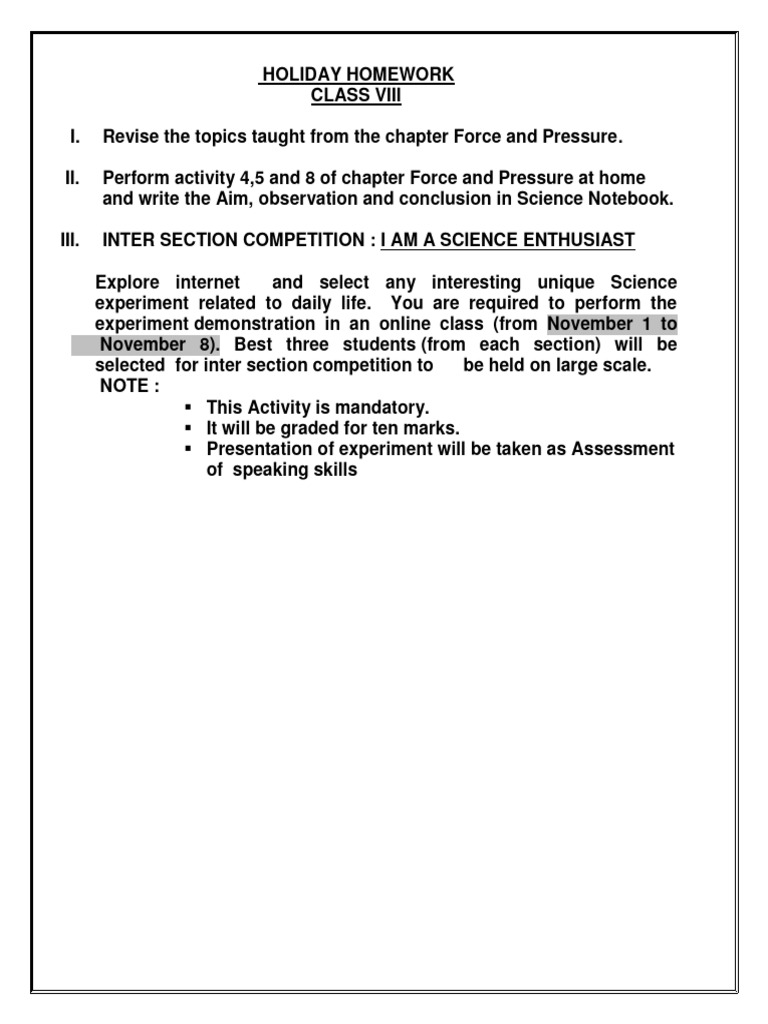 Class VIII Holiday Homework Guide | PDF