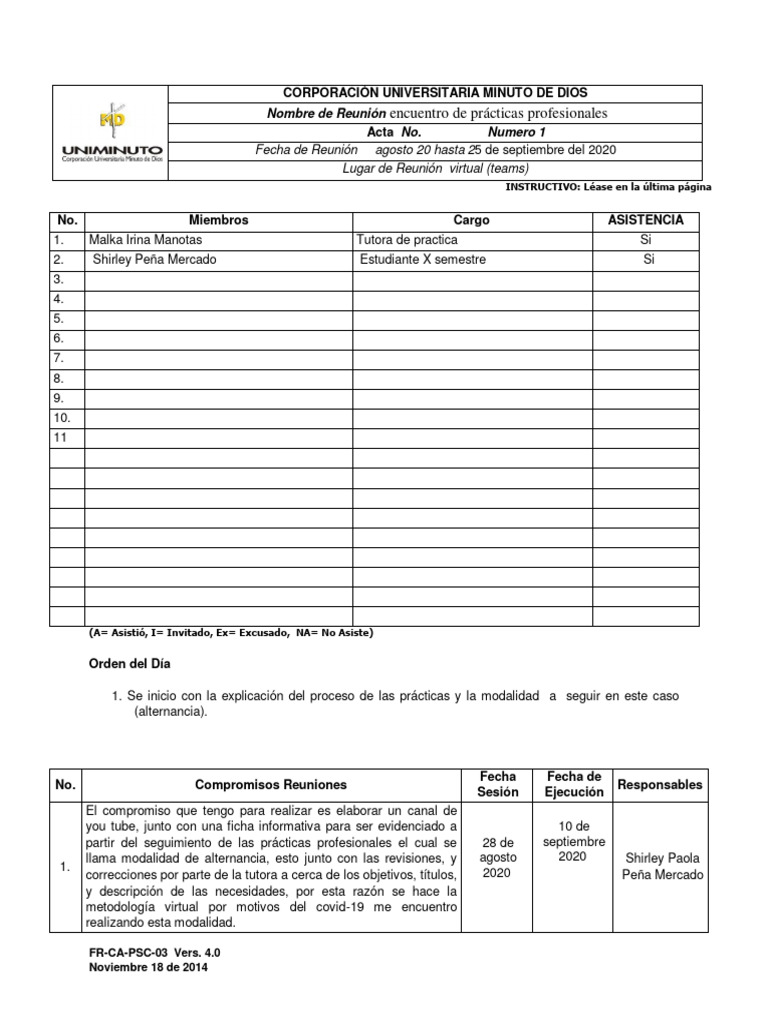 Acta de Reunión: Prácticas Profesionales | PDF | Crecimiento personal y ...