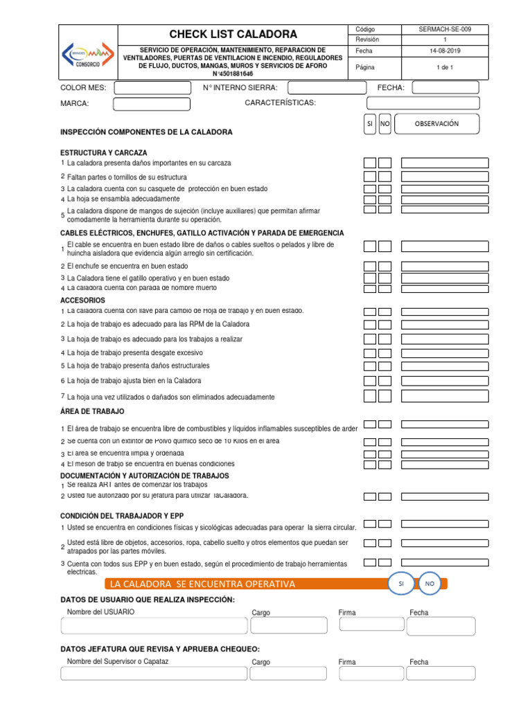 SERMACH-SE-009 Check List Caladora | PDF