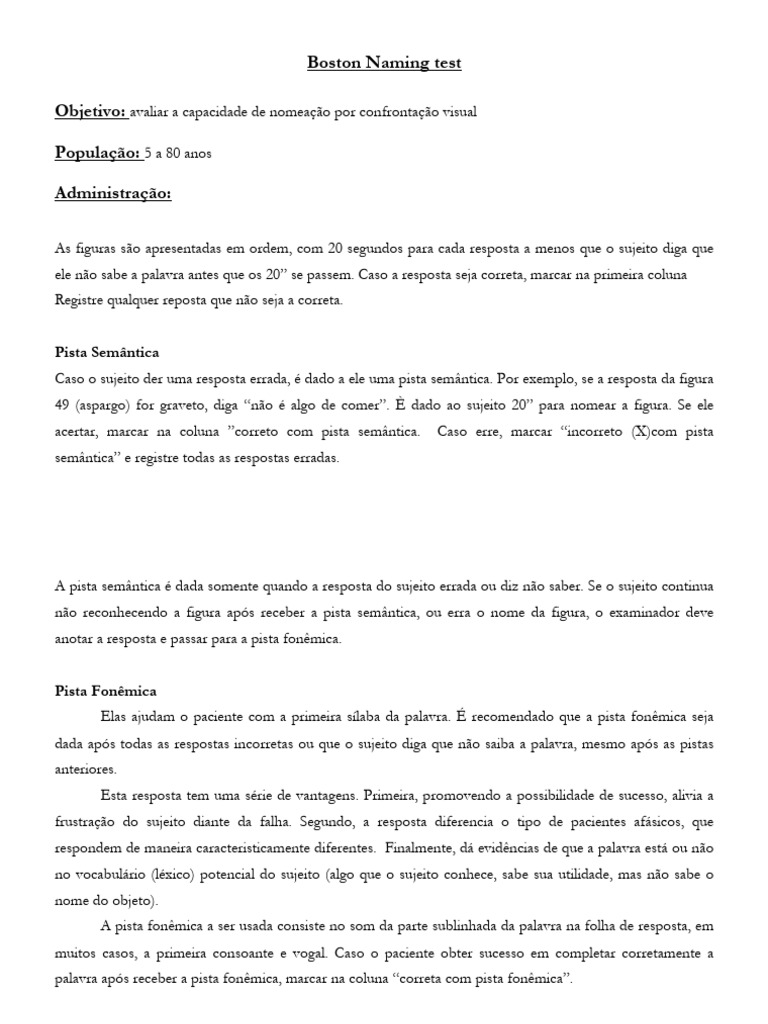 Teste de Nomeação de Boston: Guia Prático | PDF | Linguística