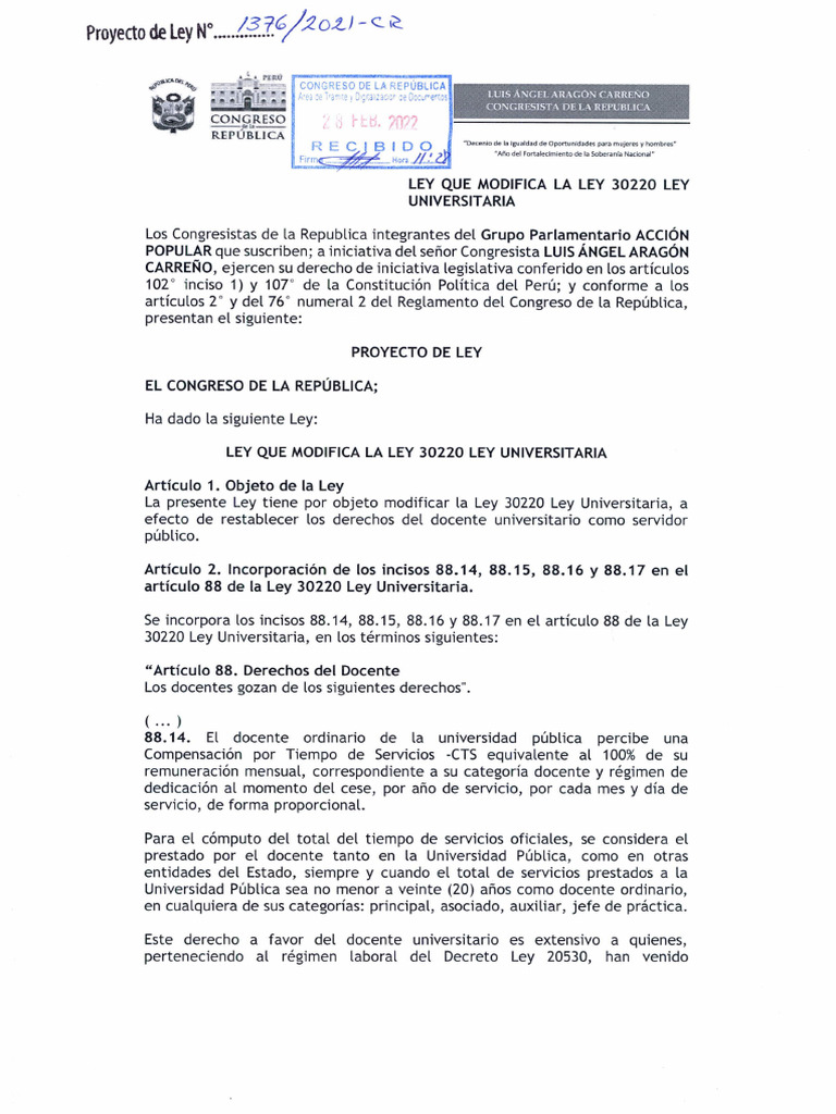 Proyecto de Ley Que Modifica La Ley 30220 Ley Universitaria Sobre ...