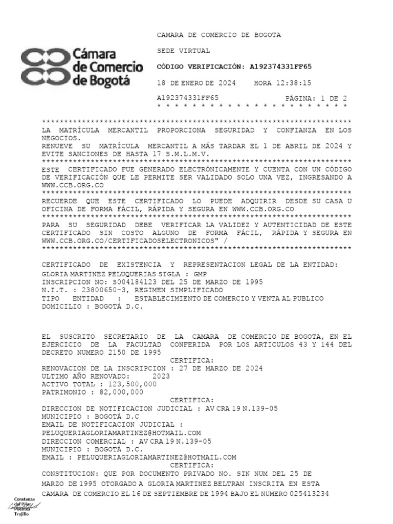 Certificado Camara Comercio Ene 2024 | PDF | Finanzas y dinero