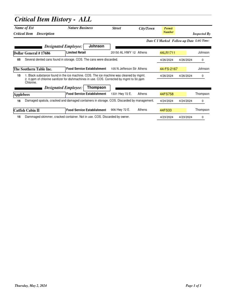 Critical Item Inspection Report 2024 | PDF