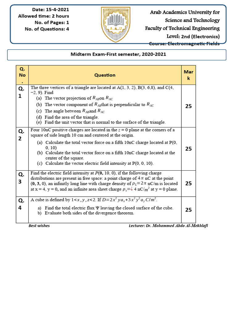 Final Exam Electromagnetic Fields | PDF | Electric Field | Physics