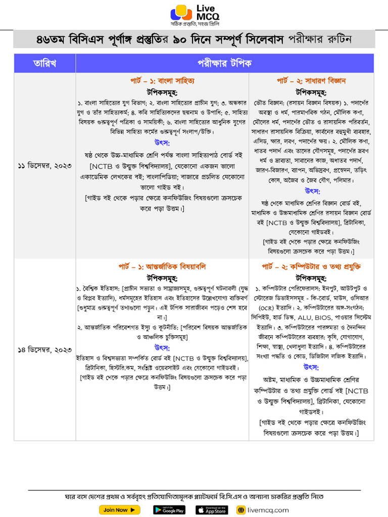 Live_MCQ_46th_BCS_90_Days_routine_nov23_QUBFoPf (1) | PDF