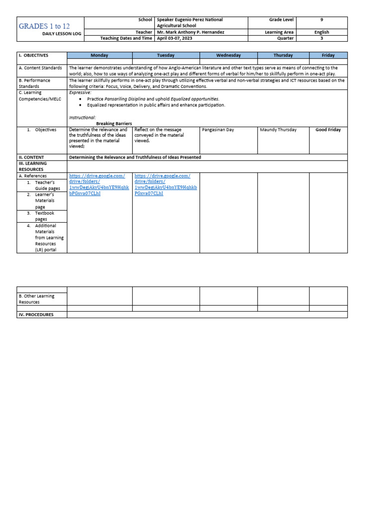 Grade 9 English Daily Lesson Log | PDF | Learning | Reading Comprehension