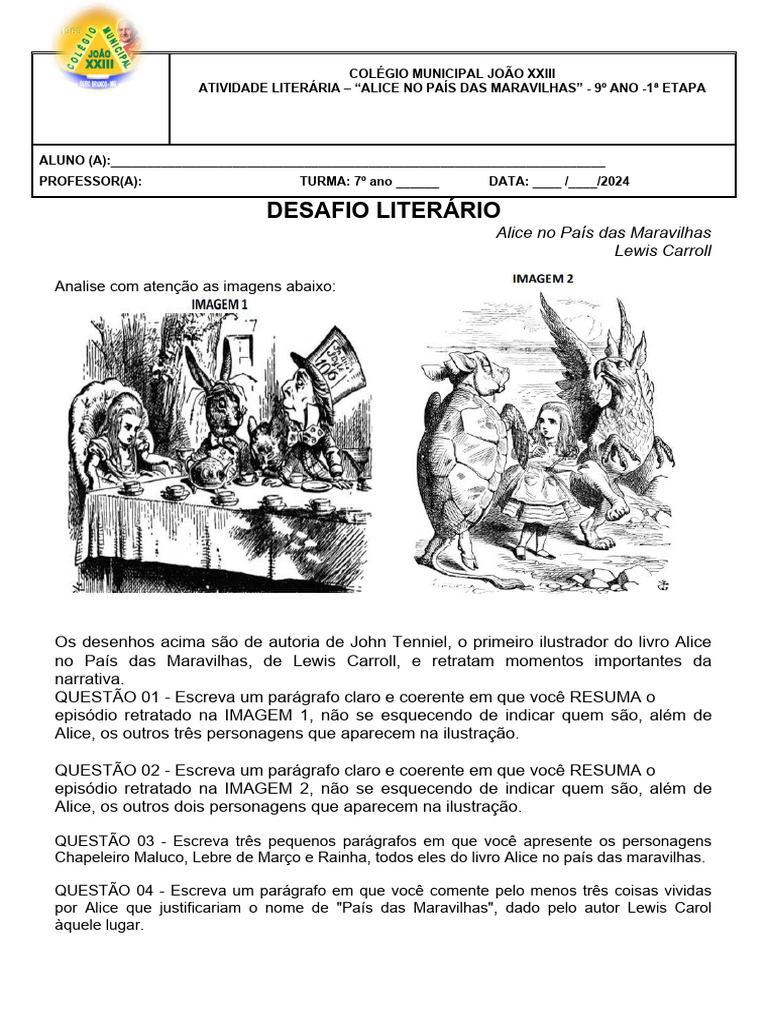 Atividade Literária - 9º Ano 1 Etapa | PDF | Alice no País das Maravilhas, image size:768x1024