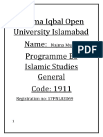 Allama Iqbal Open University Islamabad Name: Programme Bs Islamic Studies General Code: 1911