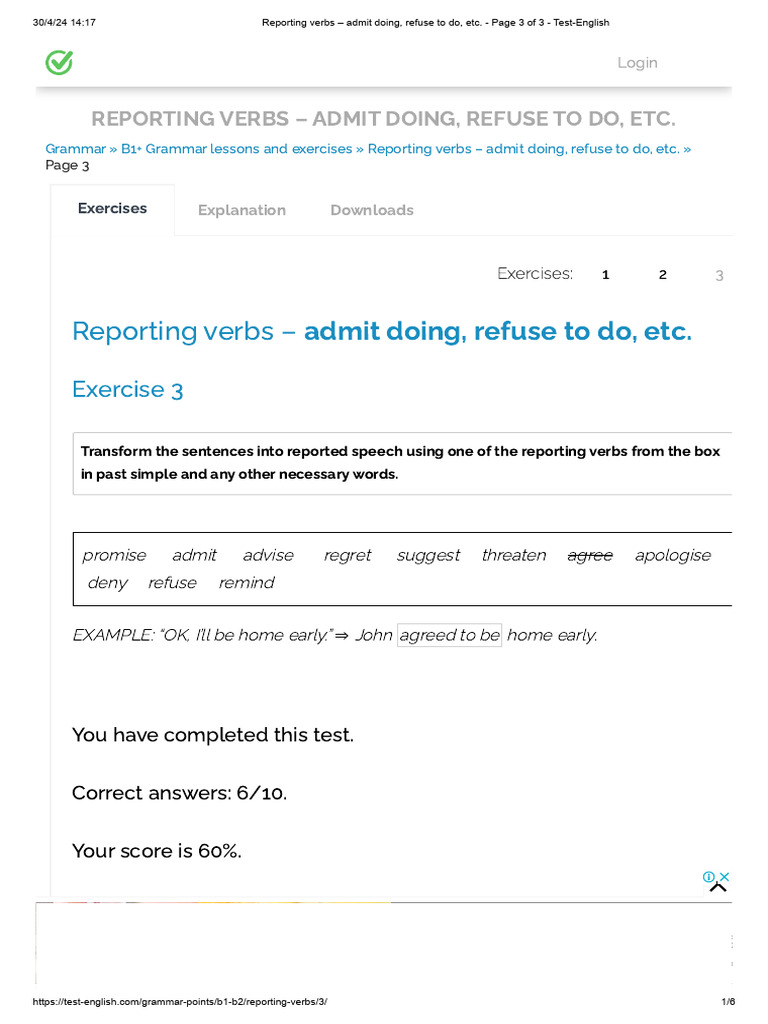 Reporting verbs admit doing refuse to do etc page 3 of 3 test