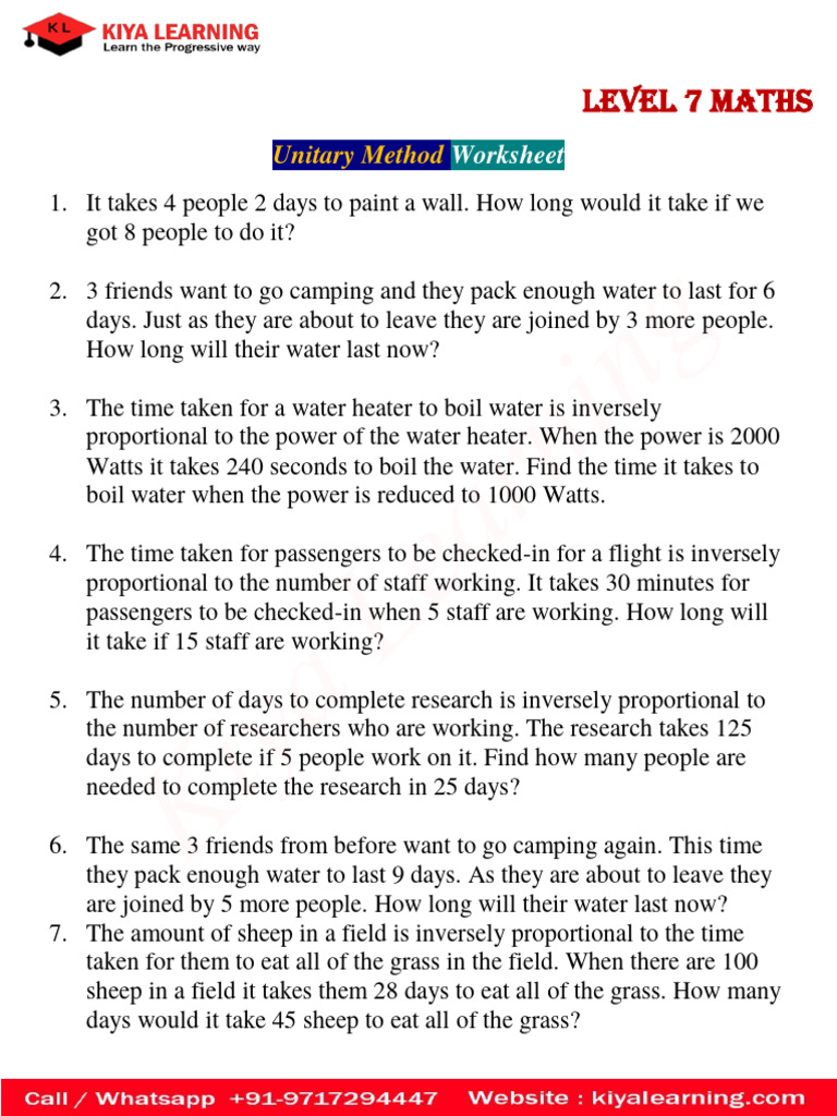 Class 7 Unitary Method Worksheet | PDF | Force | Physics