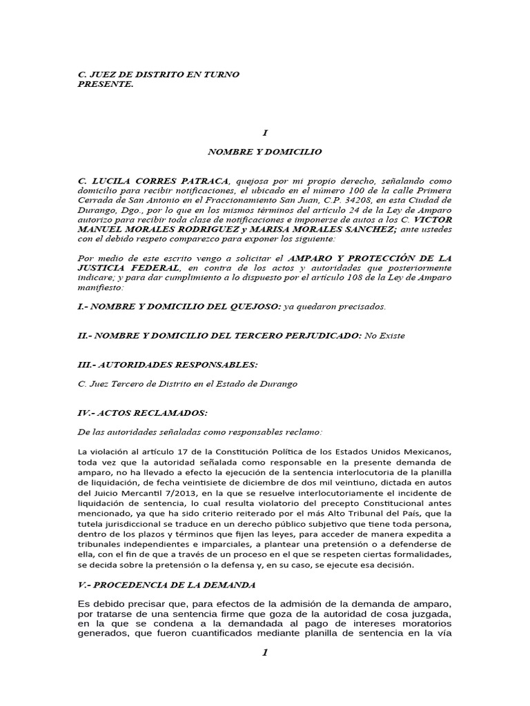 Solicitud de Amparo en Juicio Mercantil | PDF | Caso de ley | Sentencia ...