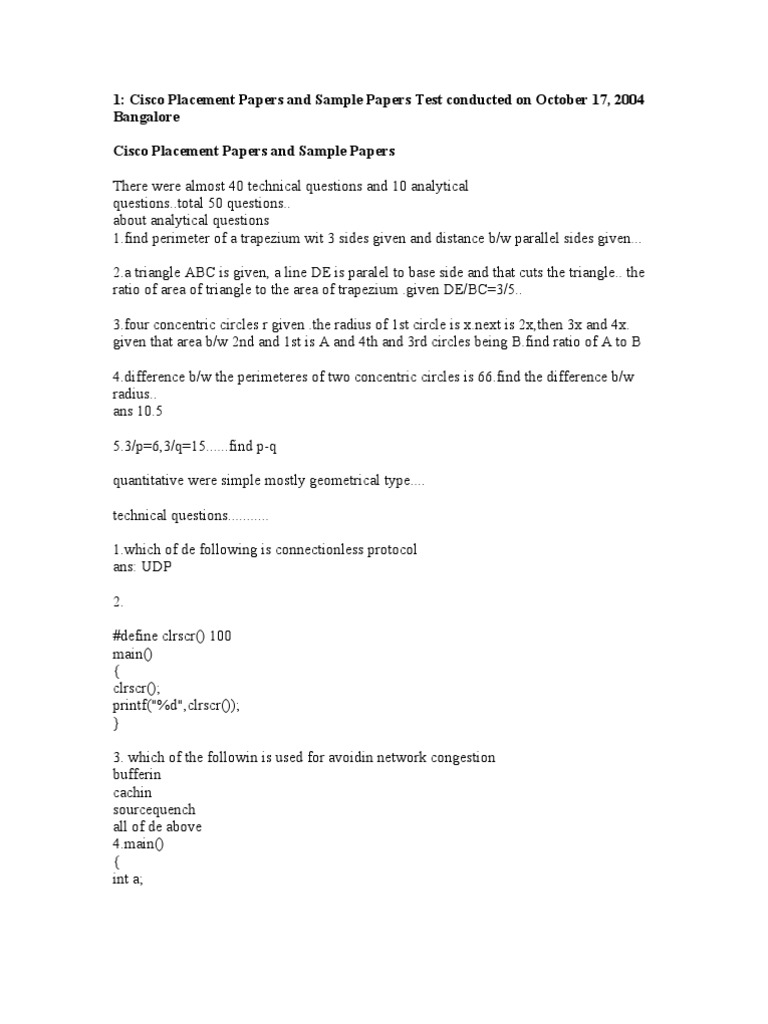 1: Cisco Placement Papers and Sample Papers Test Conducted On October ...
