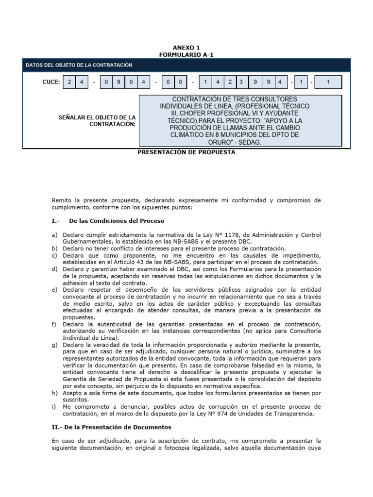 Anexo 1 Formulario A-1: Datos Del Objeto de La Contratación | PDF ...