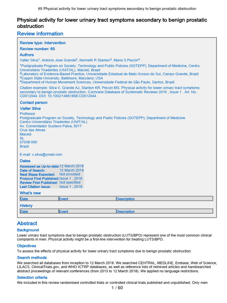 Physical Activity For Lower Urinary Tract Symptoms Secondary To Benign ...
