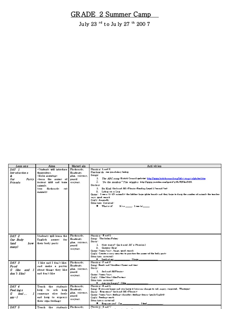 Grade 2 Summer Camp Activities Guide | PDF | Learning Methods ...