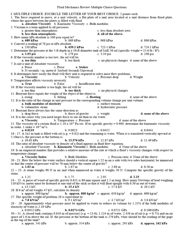 Fluid Mechanics MCQ Review Questions | PDF | Viscosity | Turbine