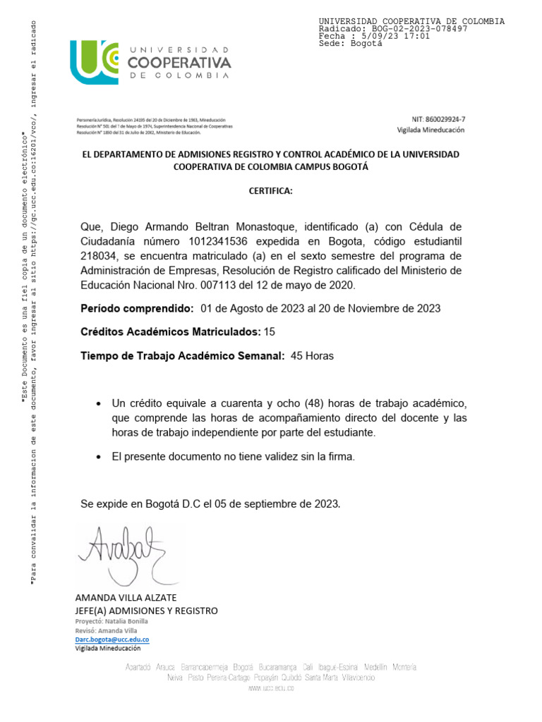 Certificación Académica UCC 2023 | PDF | Documento de identidad