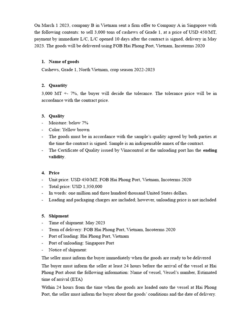 Draft Contract For The Sale of Cashew FOB HP | PDF | Letter Of Credit ...