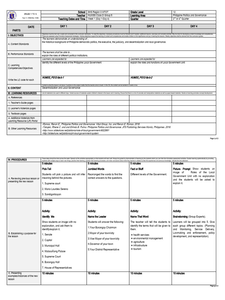 Ppg q2 week ab different levels of philippine local government pdf