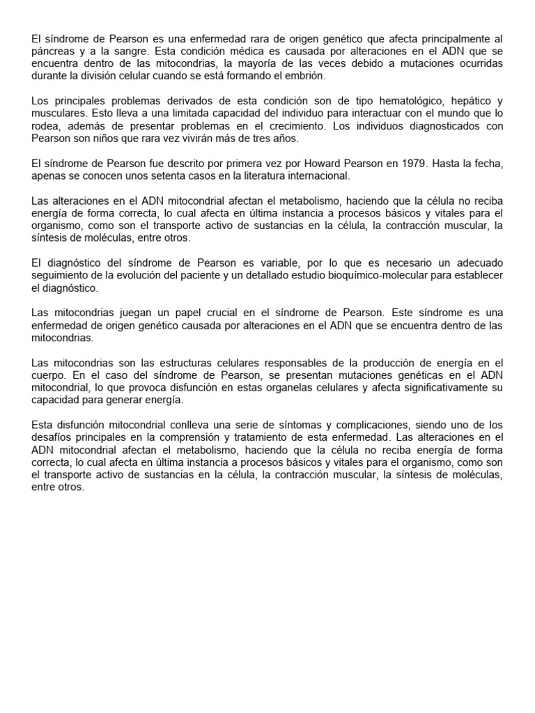 El Síndrome de Pearson PDF Mitocondria Bioquímica