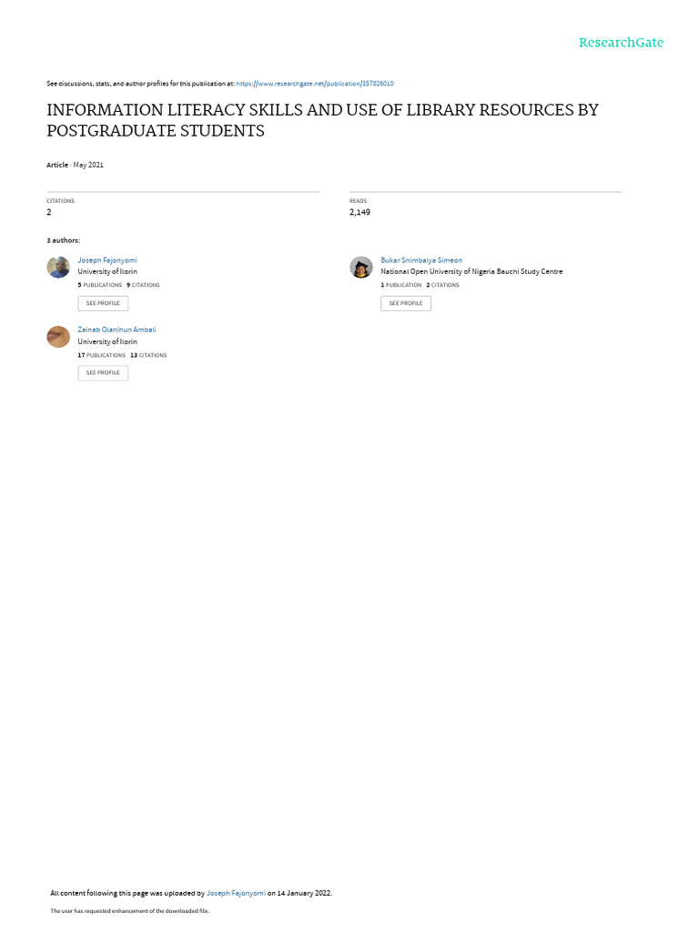 Information Literacy Skills and Use of Library Resources by ...