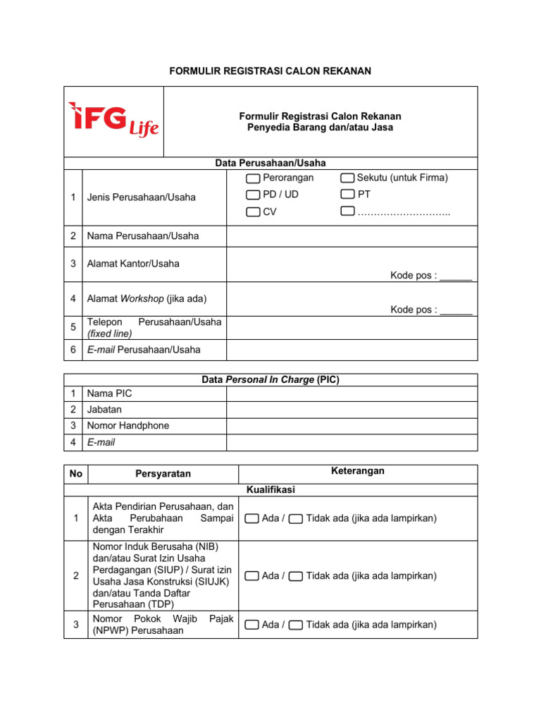 Formulir Registrasi Rekanan 98a18c10 | PDF | Pengelolaan Keuangan & Uang