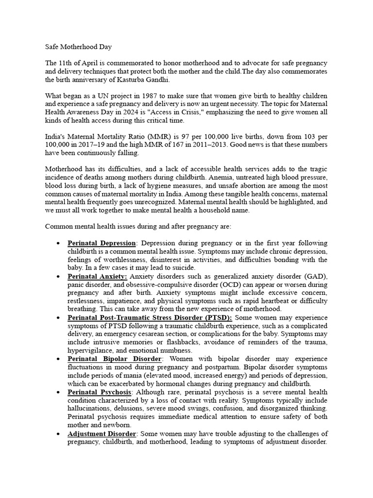 Safe Motherhood Pdf Psychosis Mental Disorder