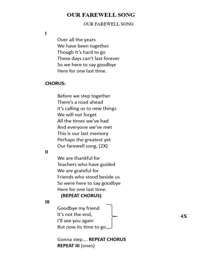 Document containing lyrics of a farewell song