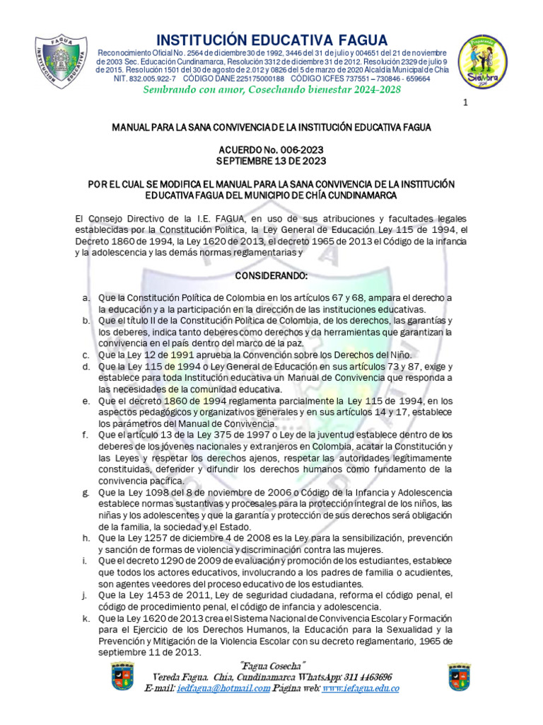 Manual de Convivencia 2024 IE FAGUA | PDF | Debido al proceso | Derecho ...