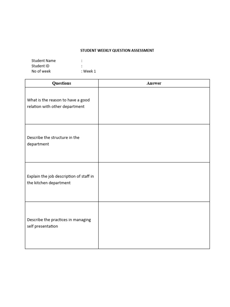 Weekly Kitchen Assessment Questions | PDF | Kitchen