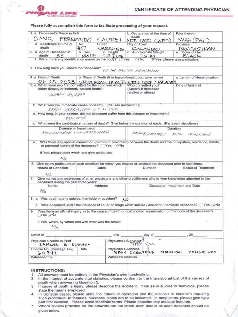Cano Fernando C - Attending Physician Form | Download Free PDF | Causes ...