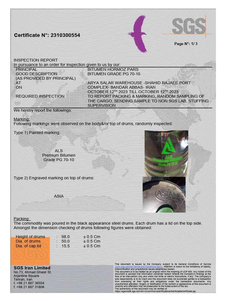 Bitumen Inspection Report - Iran 2023 | PDF