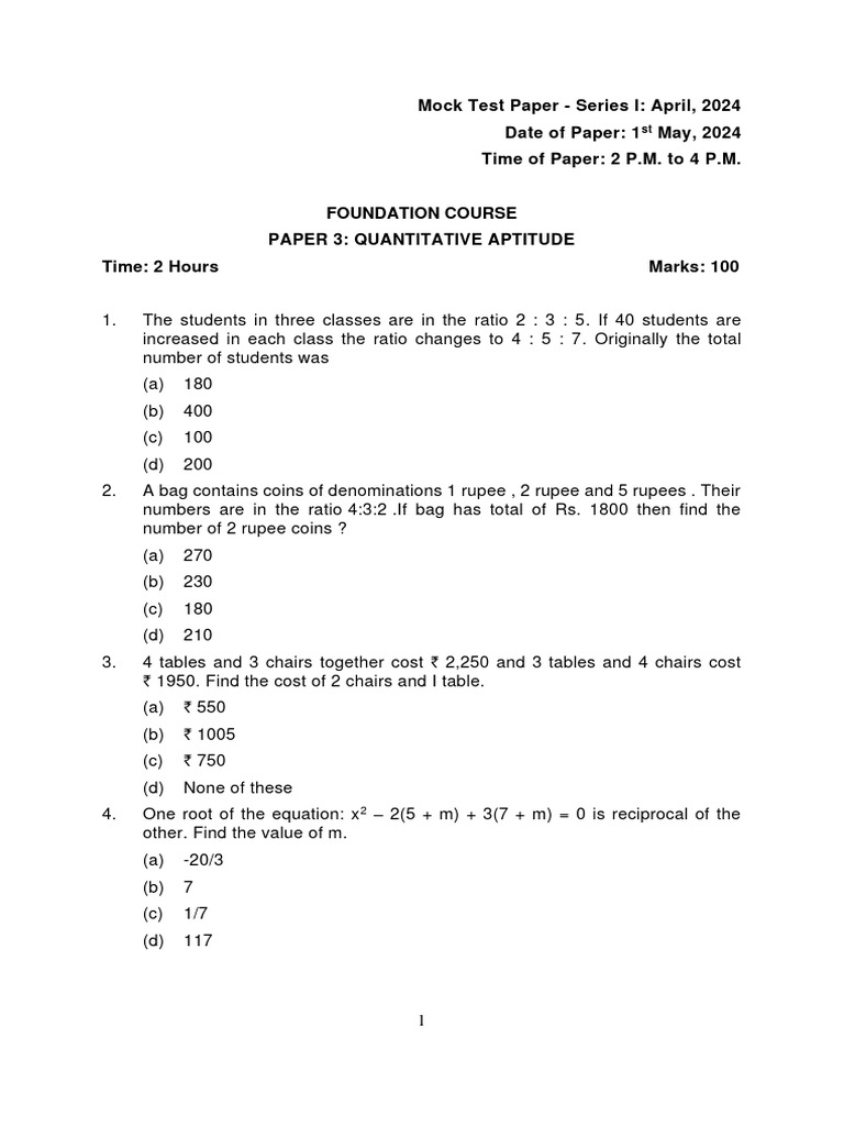 Quantitative Aptitude Mock Test Paper | PDF | Cost Of Living | Present ...