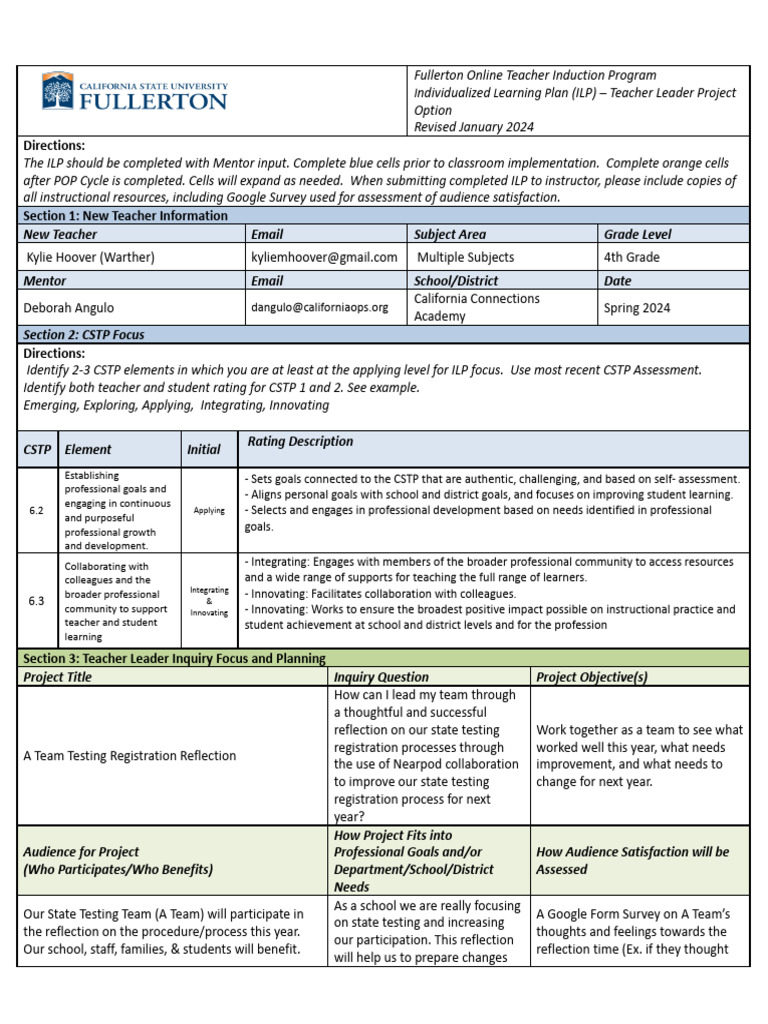 Fullerton Teacher Induction ILP Guide | PDF | Teachers | Mentorship