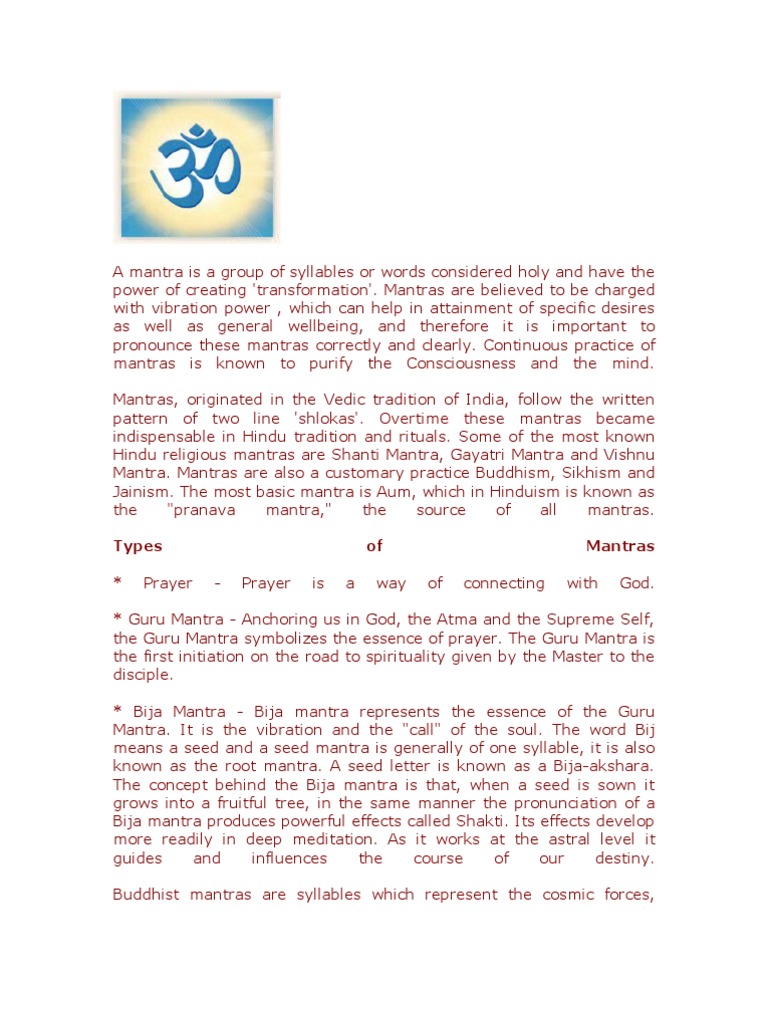 A Mantra Is A Group of Syllables or Words Considered Holy and Have The  Power of Creating | PDF | Mantra | Nondualism