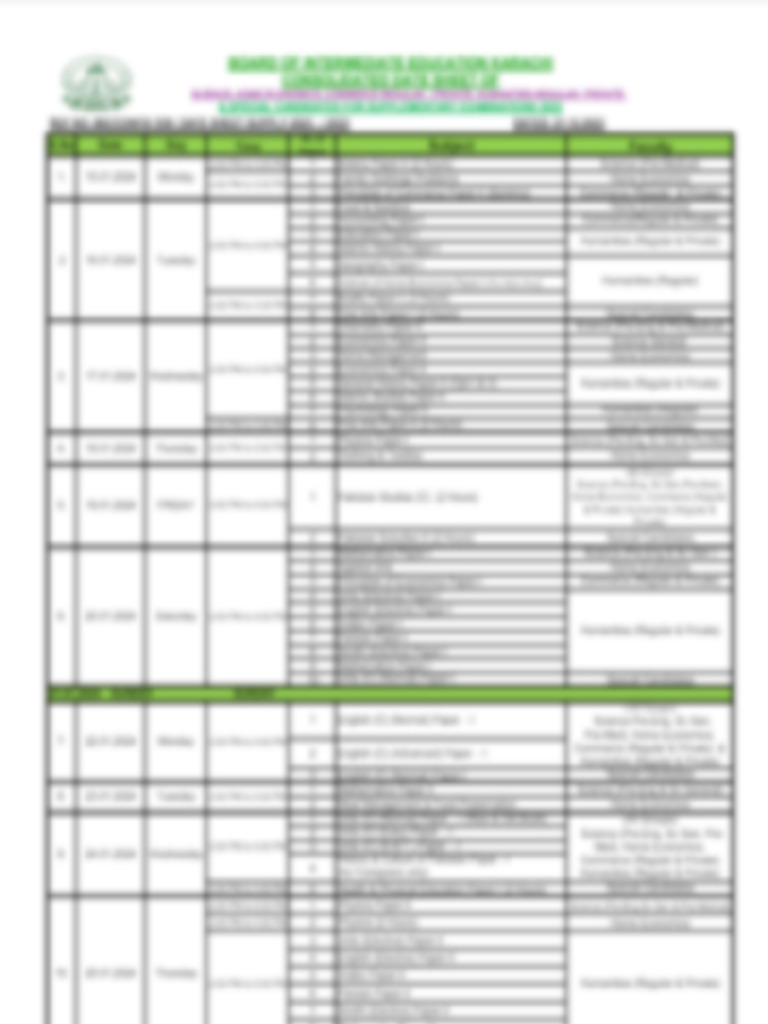 BSEK Class 11 Date Sheet for Annual Examinations 2024 PDF