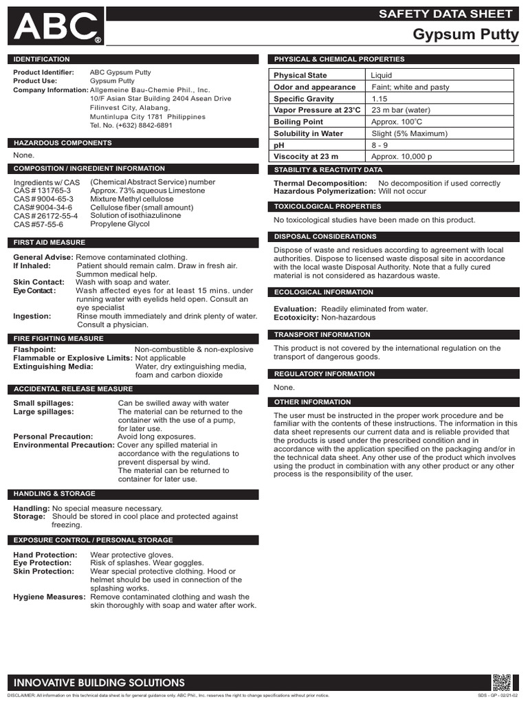 Gypsum Putty Safety Data Sheet 2021 020821 v2 Download Free PDF