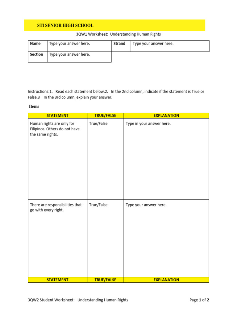 Human Rights Worksheet For Students Pdf